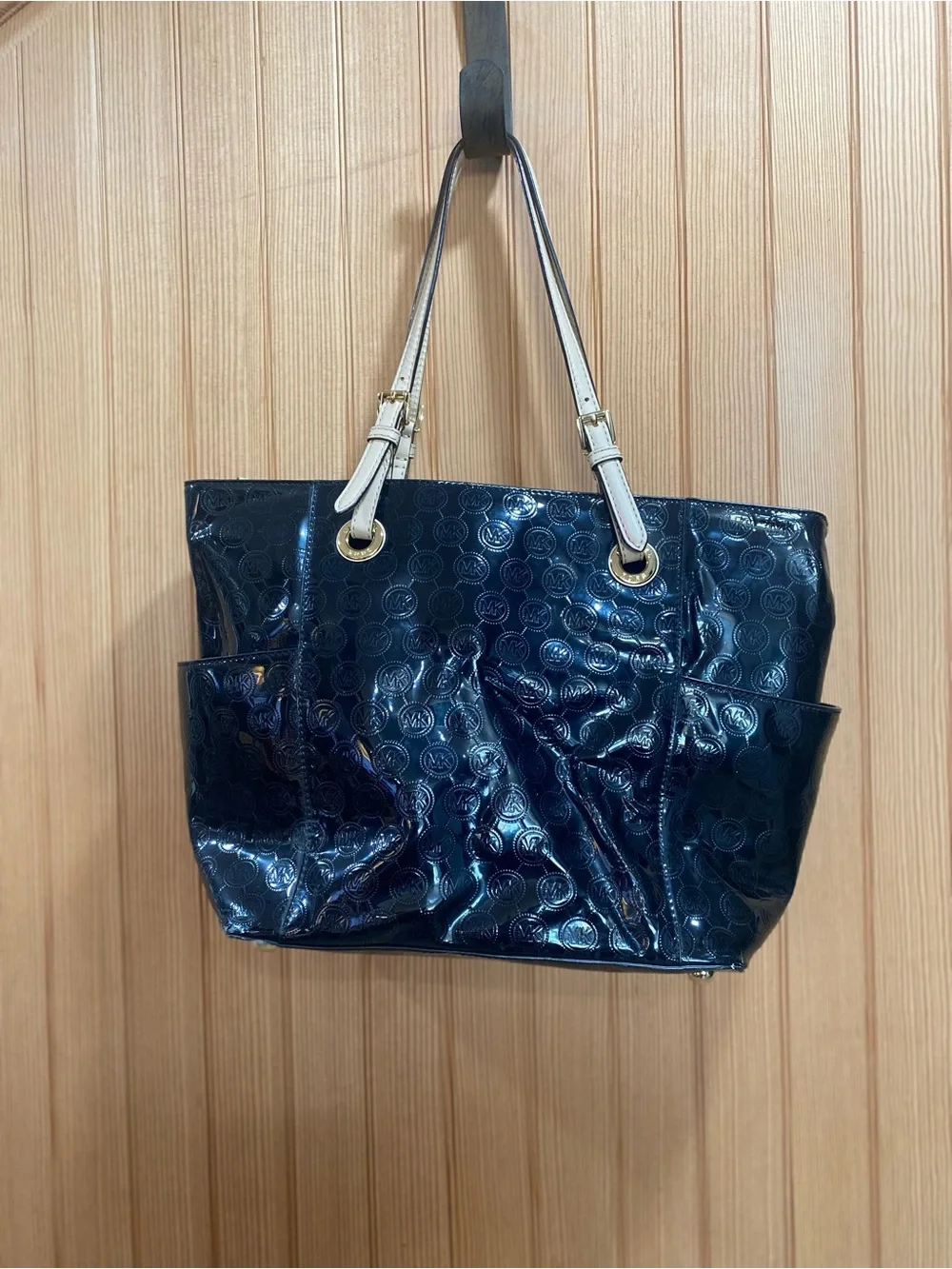 Michael Kors Black Patent Tote with Tan Handles & Outside Pockets